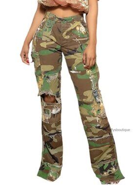 High Waisted Straight Leg Camouflage Cargo Jeans Pockets